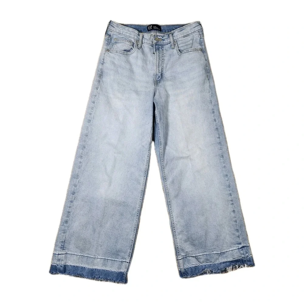 GAP Denim High Rise Wide Leg Crop Jeans 10/30R Light Wash Raw Hem Frayed‎ Edge